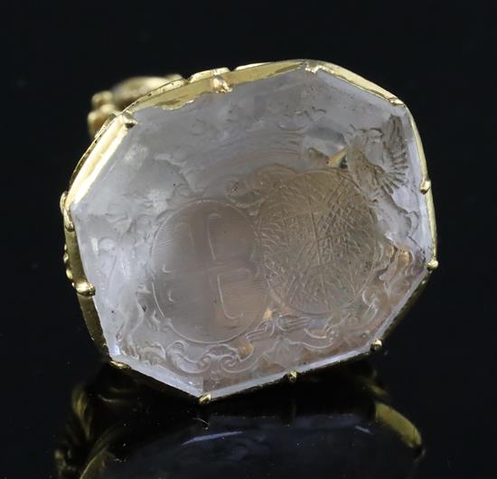A Victorian pierced gold mounted rock crystal? set fob seal, 32mm.
